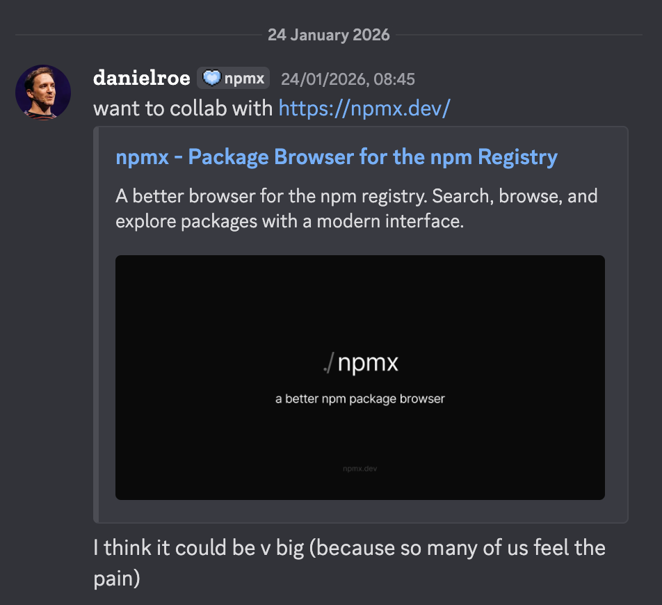 A screenshot of me asking: want to collab with npmx.dev? I think it could be v big (because so many of us feel the pain)