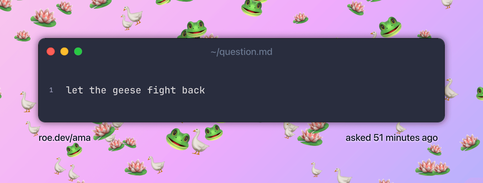 let the geese fight back. Text on πͺ·, πΈ and πͺΏ emoji scattered over a pink-to-violet candy gradient.